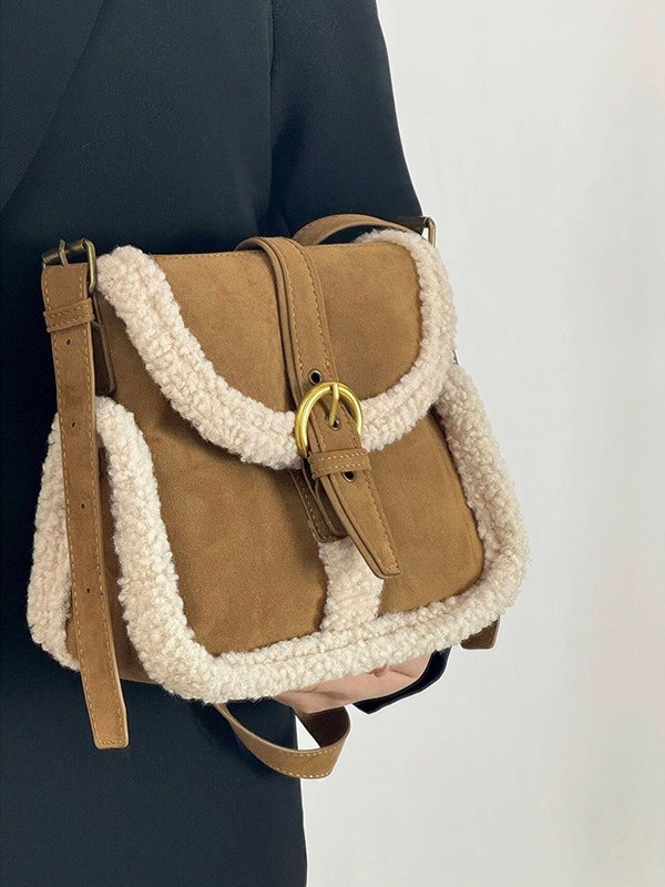 Fall/Winter New Arrival Faux Shearling Patchwork Crossbody Bag – Vintage Casual Minimalist Shoulder Bag