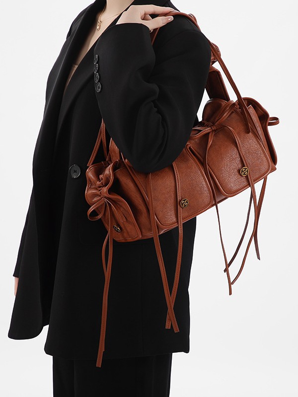 Pleated Multi-Pocket Shoulder Bag | Vintage Commute Handbag